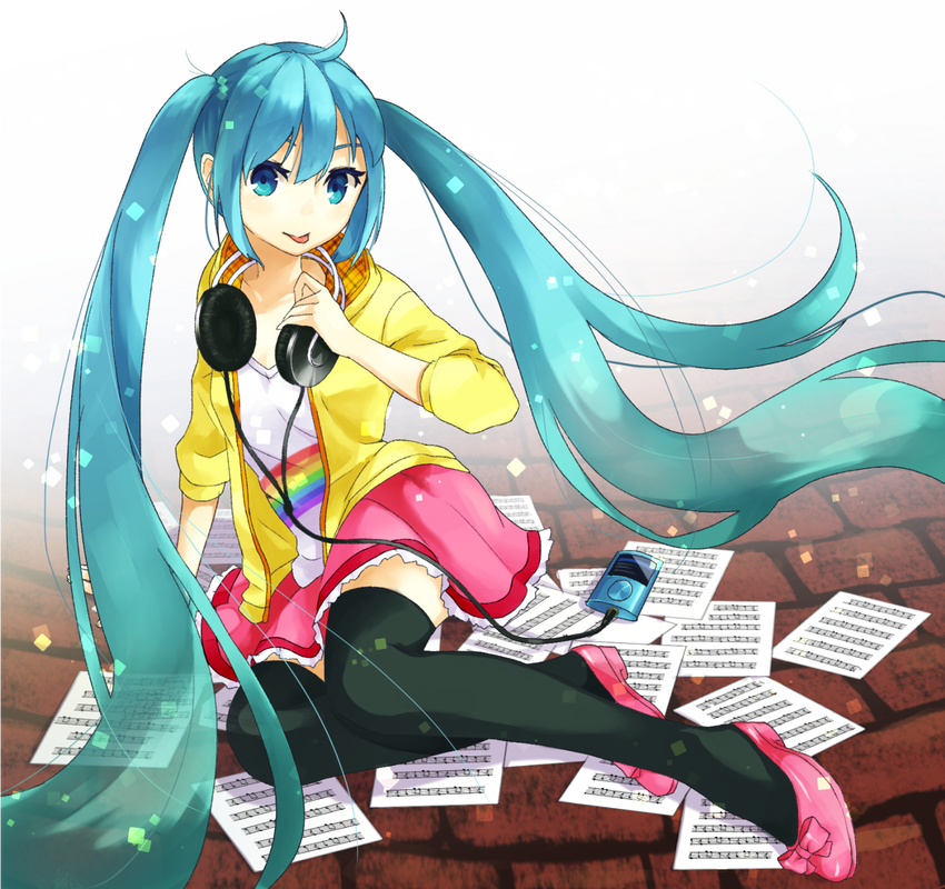 ahoge aqua_eyes aqua_hair arm_support bad_id bad_pixiv_id beamed_eighth_notes digital_media_player eighth_note hatsune_miku headphones headphones_around_neck highres kamogonn long_hair musical_note quarter_note rainbow sheet_music skirt solo thighhighs tongue twintails very_long_hair vocaloid