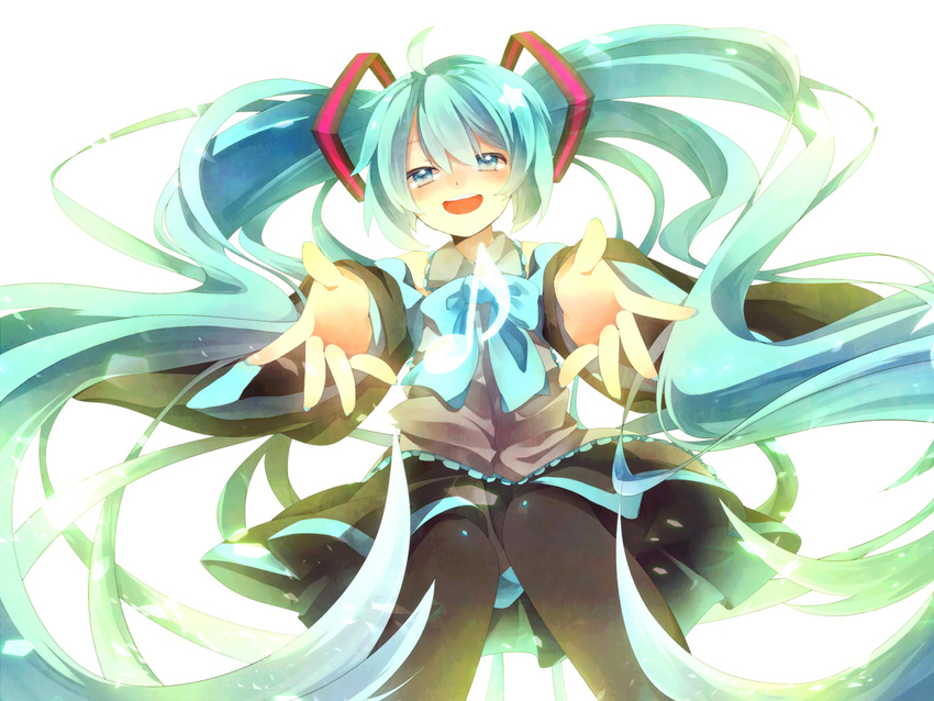 ahoge aka_tonbo_(lililil) aqua_eyes aqua_hair bow bowtie detached_sleeves hatsune_miku long_hair musical_note open_mouth outstretched_arms pantyhose skirt solo twintails very_long_hair vocaloid