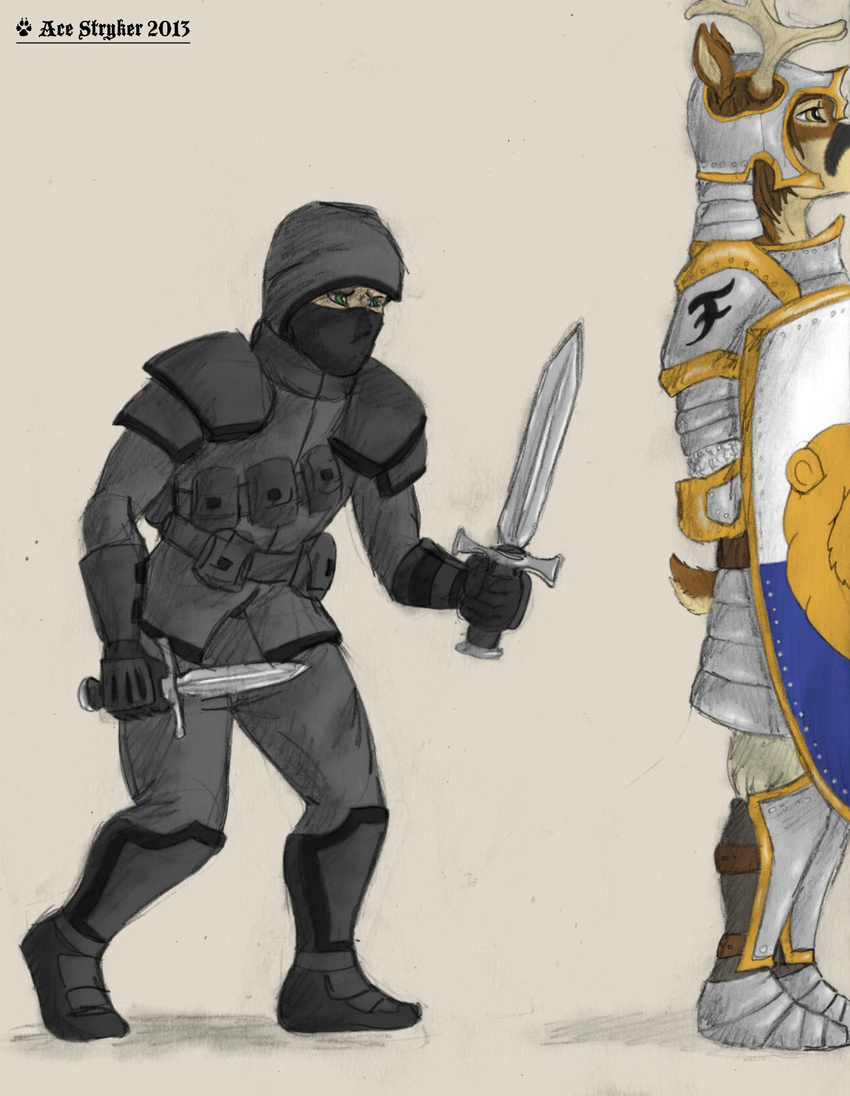 ace_stryker anthro armor assassin brown_hair cervine clothing dagger deer hair helmet human knight male mammal mask plain_background shield soldier standing sword warrior weapon