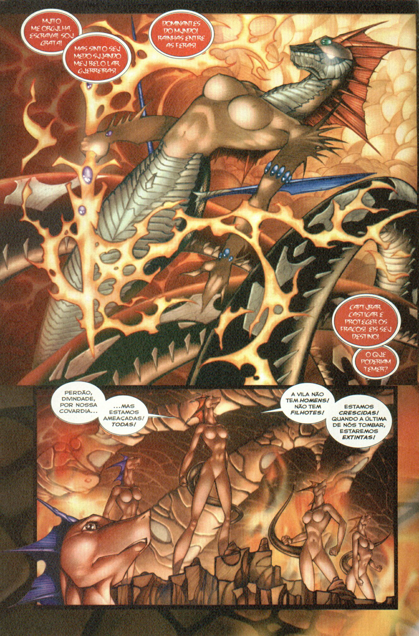 andr&eacute;_vazzios brazil breasts comic dragon female fire group horn hybrid looking_up lua_dos_drag&#245;es lua_dos_drag&otilde;es naga navel nipples outside portuguese portuguse_text standing sword text translation_request weapon