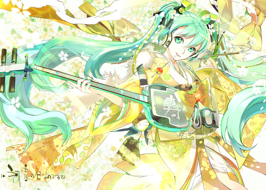 1girl character_name commentary_request green_eyes green_hair hatsune_miku headphones instrument japanese_clothes kimono kiseru long_hair looking_at_viewer mouth_hold nail_polish pipe solo twintails very_long_hair vocaloid