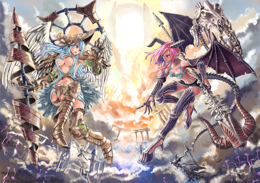 angel angel_and_devil angel_wings arm_guards armor armored_boots battle boots cloud commentary_request demon demon_girl demon_horns demon_wings gauntlets greaves headgear heaven highres horns lance lightning multiple_girls navel original pauldrons pillar pointy_ears polearm revealing_clothes sky smile staff tail tetrapod_(youhei_1985) thigh_boots thighhighs weapon wings