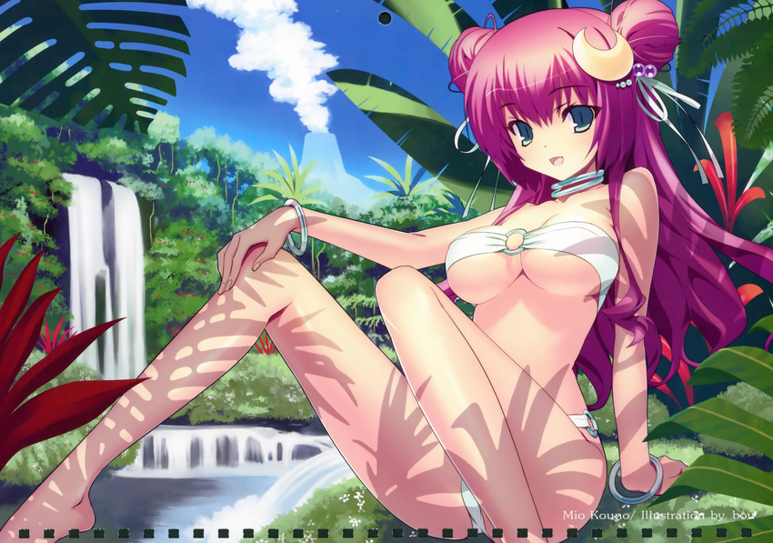 blue_eyes bou cleavage kouno_mio long_hair paradise purple_hair swimsuit waterfall watermark