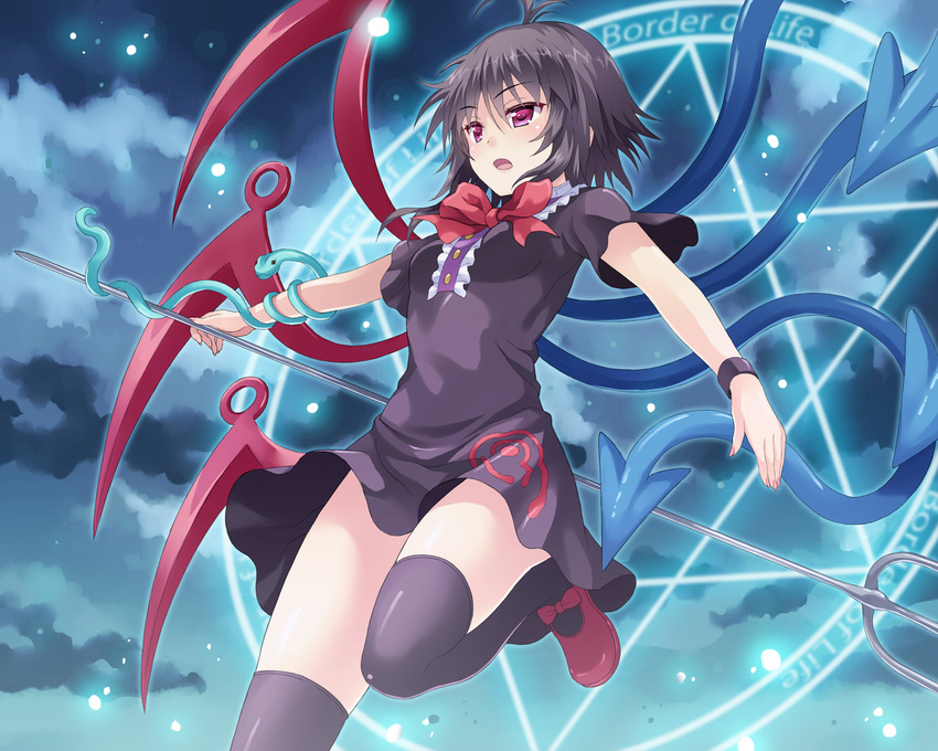 absurdres antenna_hair asymmetrical_wings black_hair black_legwear blush cloud highres houjuu_nue magic_circle mary_janes open_mouth polearm rasahan red_eyes shoes short_hair solo thighhighs touhou trident weapon wings