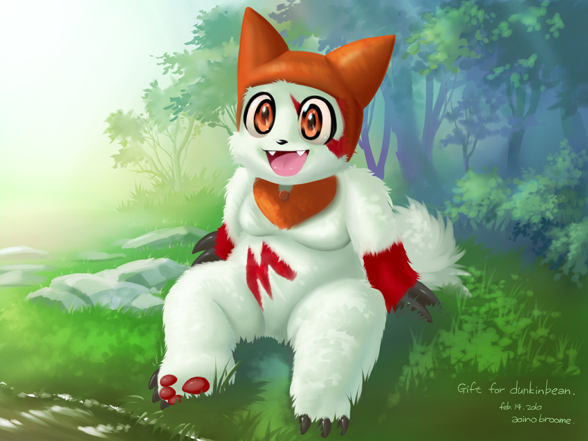 aoino_broome chubby cute forest fur grass markings nintendo pok&#233;mon pok&eacute;mon red_markings sitting solo teeth tooth tree video_games white_fur zangoose