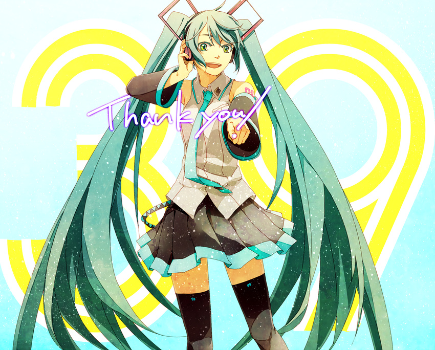 39 bad_id bad_pixiv_id detached_sleeves green_eyes green_hair hatsune_miku headphones highres long_hair necktie open_mouth pointing pun skirt solo sorakura_shikiji thank_you thighhighs twintails very_long_hair vocaloid