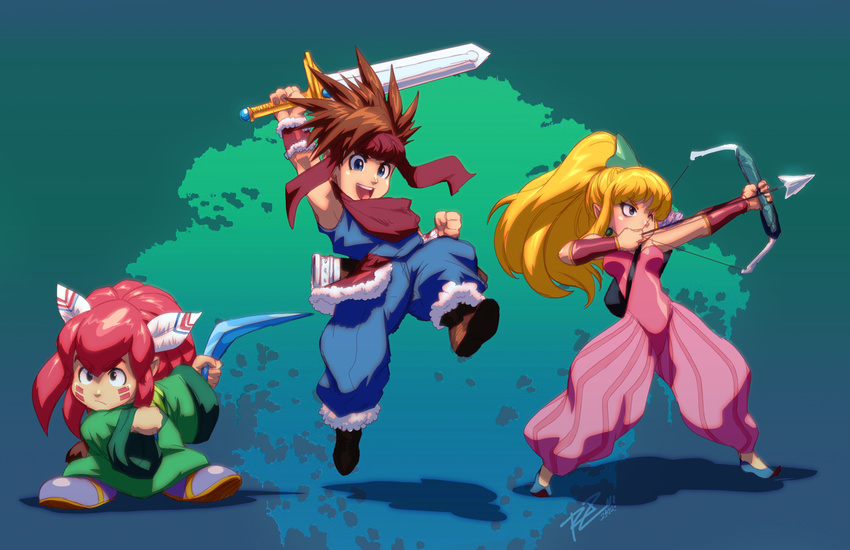 1girl 2boys aiming androgynous arrow baggy_pants blonde_hair blue_eyes boomerang bow_(weapon) earrings facepaint feathers hair_feathers headband highres jewelry long_hair multiple_boys pants pointy_ears pointy_shoes ponytail popoie purim randi red_hair robaato robert_porter scarf seiken_densetsu seiken_densetsu_2 spiked_hair square_enix sword vambraces weapon