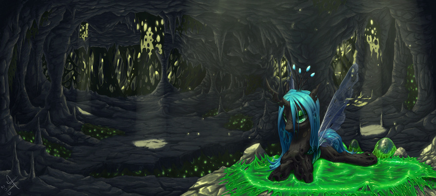 blue_hair cave changeling egg equine eyeshadow f&#339;tus fangs female feral friendship_is_magic glowing green_eyes green_hair green_theme hair holes horn horse inside jaaaaaaaz_(artist) jaz jaz1rus light long_hair lying makeup my_little_pony nest pony queen_chrysalis queen_chrysalis_(mlp) signature slime slit_pupils solo tongue tongue_out underground wings