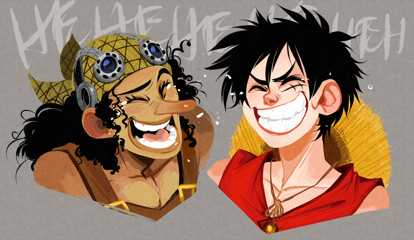 2boys bandanna black_hair curly_hair goggles goggles_on_head hat hat_removed headwear_removed laughing male male_focus monkey_d_luffy multiple_boys one_piece overalls red_vest smile stampede_string straw_hat usopp vest