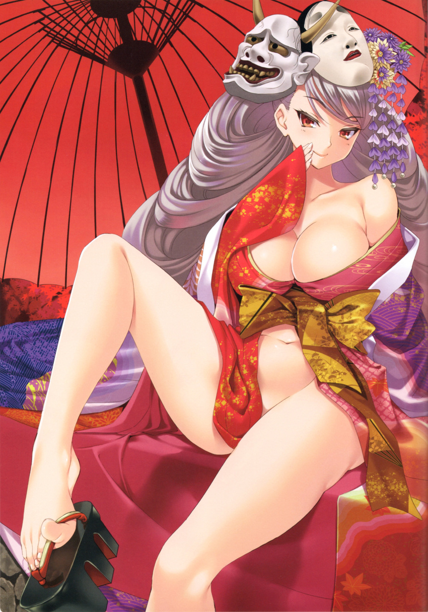 1girl absurdres bare_shoulders between_toes breasts feet flower geta hair_flower hair_ornament highres japanese_clothes kimono kimono_down kimono_pull kure_masahiro large_breasts long_hair looking_at_viewer mask no_bra no_panties oni_mask red_eyes shoe_dangle solo source_request toes umbrella very_long_hair white_hair