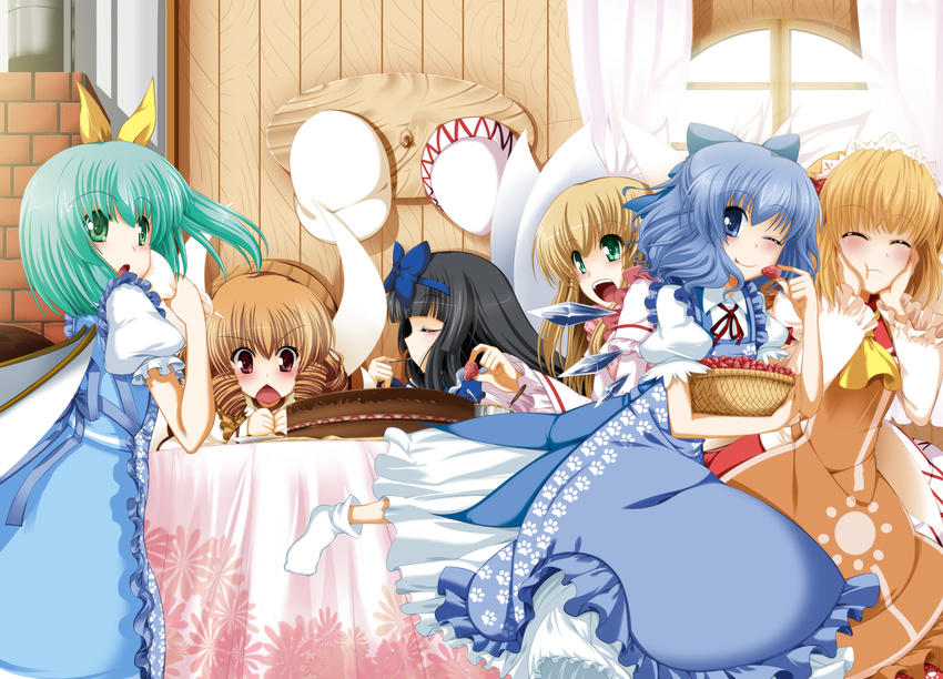 absurdres black_hair blonde_hair blue_eyes blue_hair bow cake chestnut_mouth cirno closed_eyes daiyousei dress drill_hair eiyuu_(eiyuu04) food fruit green_eyes green_hair hair_bow hat hat_removed headwear_removed highres lily_white long_hair luna_child multiple_girls one_eye_closed open_mouth puffy_sleeves red_eyes short_hair side_ponytail socks star_sapphire strawberry sunny_milk table touhou twintails white_legwear window wings