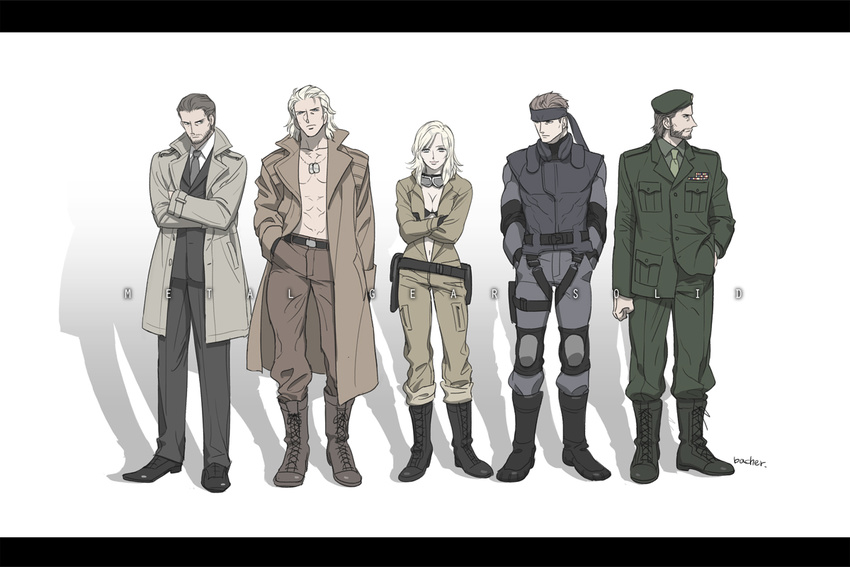 4boys abs bacher bandana beret big_boss blonde_hair boots breasts cleavage coat combat_boots cross-laced_footwear crossed_arms eva_(mgs) formal ghost_in_the_shell ghost_in_the_shell_lineup ghost_in_the_shell_stand_alone_complex goggles goggles_around_neck hand_in_pocket hands_in_pockets hat holster jumpsuit lace-up_boots liquid_snake long_coat medium_breasts metal_gear_(series) metal_gear_solid metal_gear_solid_3 military military_uniform multiple_boys navel open_clothes open_coat parody shirtless sneaking_suit solid_snake solidus_snake suit time_paradox uniform