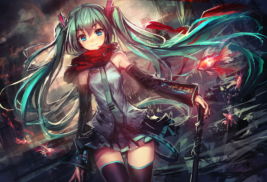 aqua_eyes detached_sleeves dutch_angle fish green_hair hatsune_miku lm7_(op-center) long_hair necktie red_scarf scarf skirt smile solo thighhighs twintails very_long_hair vocaloid zettai_ryouiki