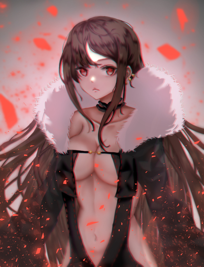 1girl bangs breasts brown_hair center_opening choker cleavage consort_yu_(fate) ear_piercing fangs fate/grand_order fate_(series) fur_collar glitch grey_background hair_between_eyes highres large_breasts long_hair looking_at_viewer navel piercing rory sidelocks simple_background upper_body