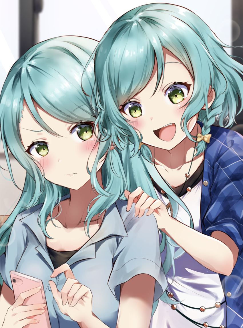 2girls :d aqua_hair bang_dream! blue_shirt blush bow cellphone collarbone fang frown green_eyes hair_bow hand_on_another's_shoulder hand_on_another's_shoulder highres hikawa_hina hikawa_sayo holding holding_phone jewelry long_hair mia_(fai1510) multiple_girls necklace open_mouth phone plaid plaid_shirt shirt short_hair short_sleeves siblings side_braids sisters smartphone smile twins upper_body v-shaped_eyebrows white_shirt yellow_bow