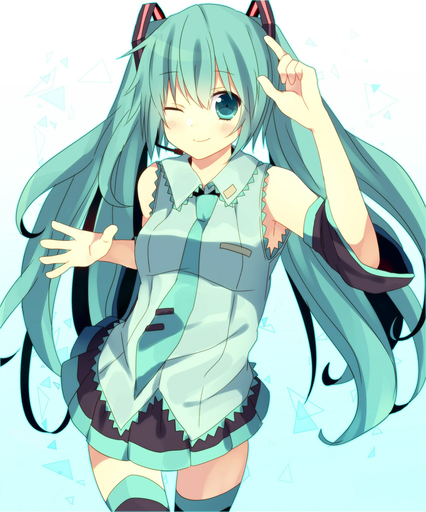 abandon_ranka bad_id bad_pixiv_id detached_sleeves green_eyes green_hair hatsune_miku headset highres long_hair necktie one_eye_closed skirt smile solo thighhighs twintails very_long_hair vocaloid
