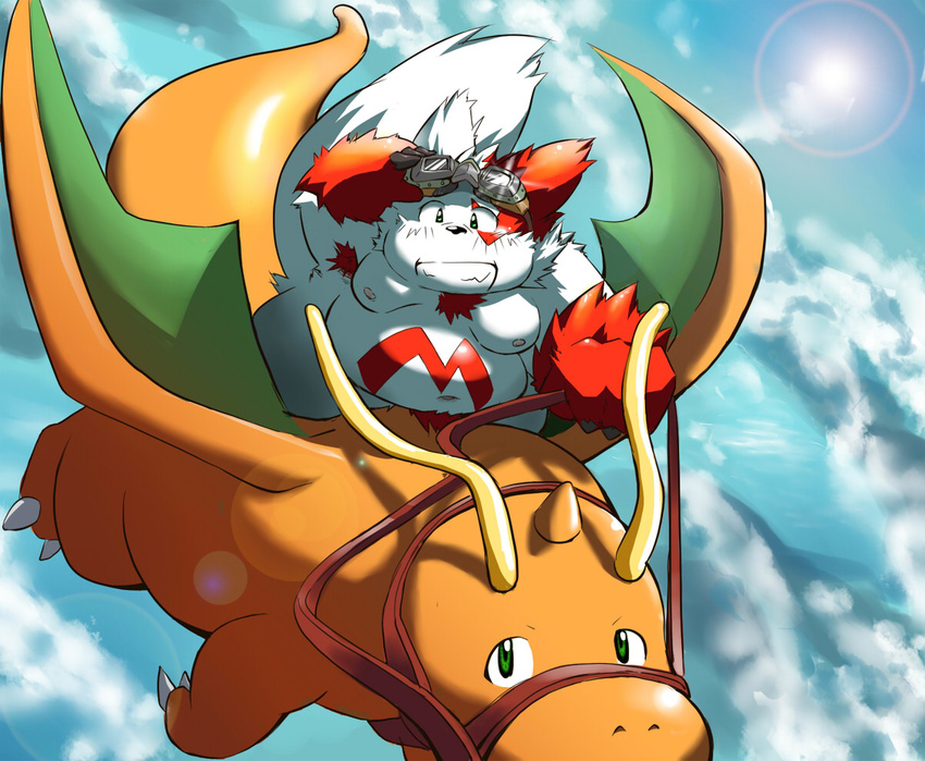 &#20843;&#26391;&#22826; ??? chubby cloud clouds dragonite duo eyewear feral flying goggles grin looking_at_viewer nintendo pok&#233;mon pok&eacute;mon riding size_difference video_games zangoose