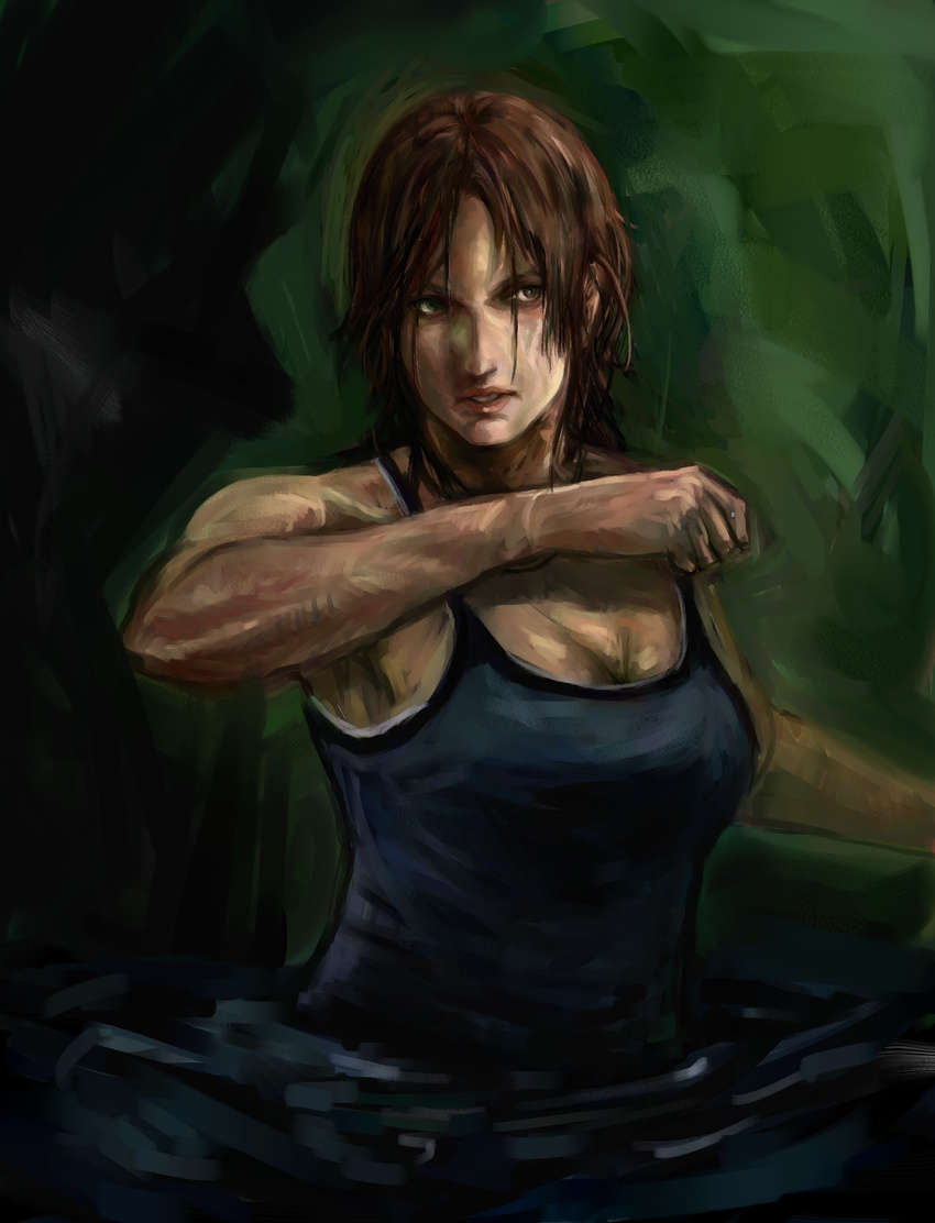 bad_id bad_pixiv_id bare_shoulders breasts brown_hair cleavage faux_traditional_media highres kontsune lara_croft large_breasts lips messy_hair nose solo tank_top tomb_raider tomb_raider_(reboot)