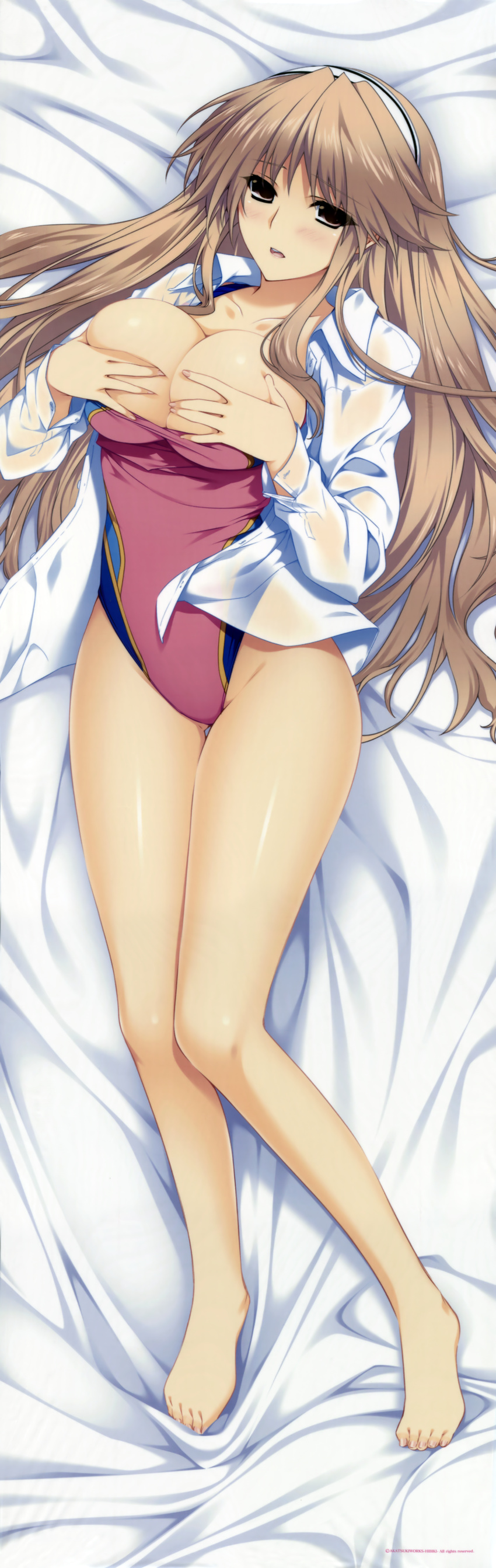 absurdres bare_legs barefoot bed_sheet breasts brown_eyes brown_hair cleavage collarbone competition_swimsuit covering covering_breasts dakimakura dress_shirt from_above highres huge_filesize iizuki_tasuku large_breasts legs long_hair long_sleeves looking_at_viewer lovely_x_cation lying no_bra no_panties on_back one-piece_swimsuit open_clothes open_shirt shirt solo swimsuit toes tsukioka_misasa