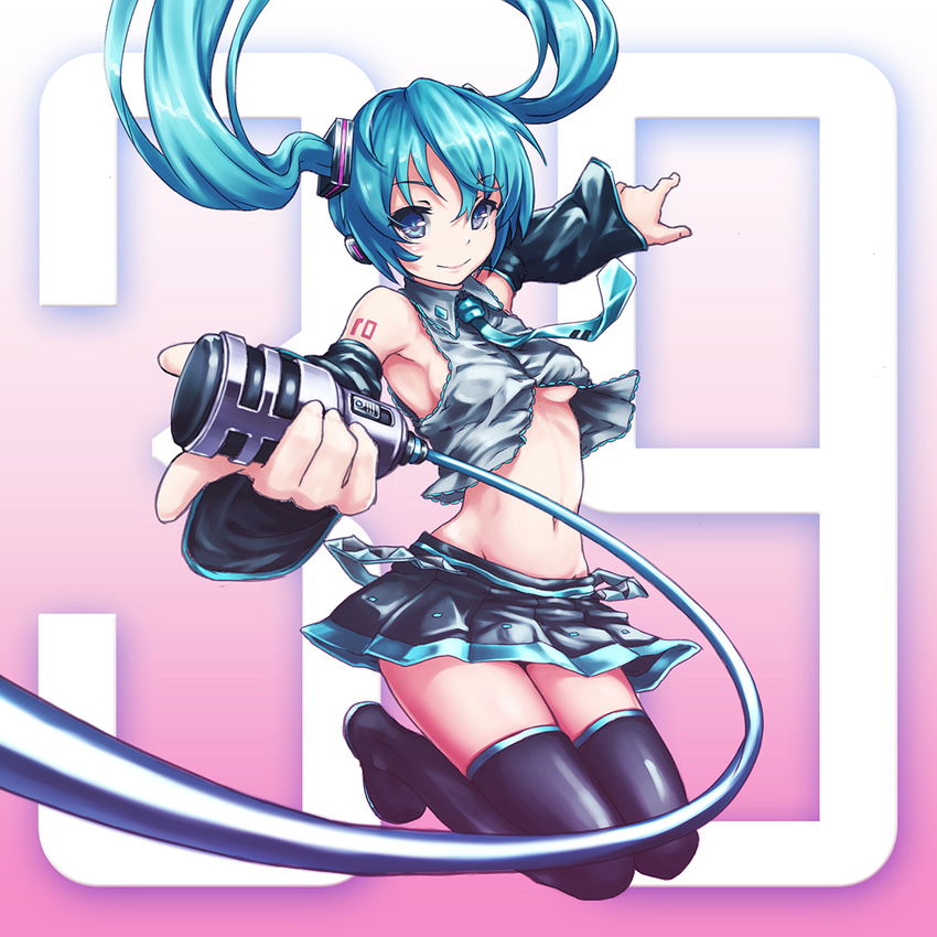 39 aqua_hair blue_eyes boots detached_sleeves floating_hair foreshortening gogatsu_no_renkyuu groin hatsune_miku highres kneeling long_hair microphone midriff navel necktie skirt smile solo thigh_boots thighhighs twintails vocaloid