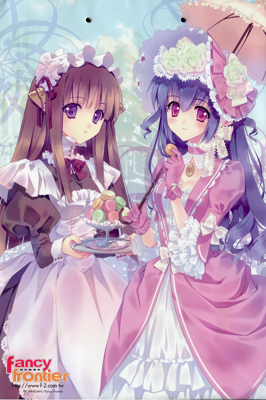 absurdres android artist_name blue_hair bonnet breasts brown_hair carnelian choker cleavage dress fairy_factory flower food gloves hat highres long_hair macaron maid maid_headdress medium_breasts multiple_girls open_mouth parasol purple_eyes ribbon seika_(fairy_factory) smile touka_(fairy_factory) umbrella watermark web_address