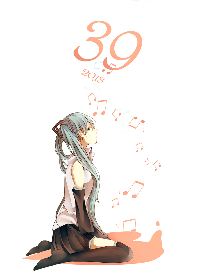 39 2013 absurdres aqua_eyes aqua_hair dated detached_sleeves haru_(haru2079) hatsune_miku highres long_hair musical_note simple_background sitting skirt solo thighhighs twintails vocaloid wariza white_background