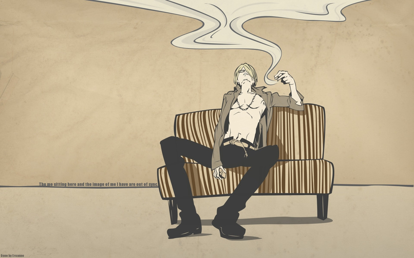 16:10 1boy alternate_costume belt cigarette collared_shirt couch full_body hair_over_one_eye highres jewelry male male_focus necklace one_piece open_clothes open_shirt sanji shirt sitting smoking solo striped_upholstery vertical_stripes wallpaper