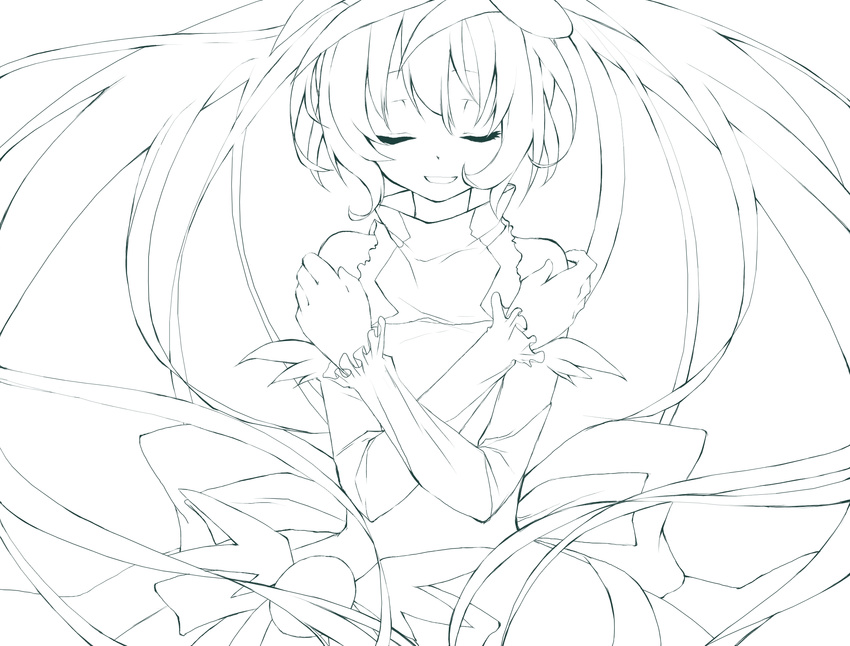 closed_eyes crossed_arms dress hatsune_miku highres kawana_(spicaboy) lineart long_hair monochrome parted_lips solo spica_(vocaloid) twintails very_long_hair vocaloid