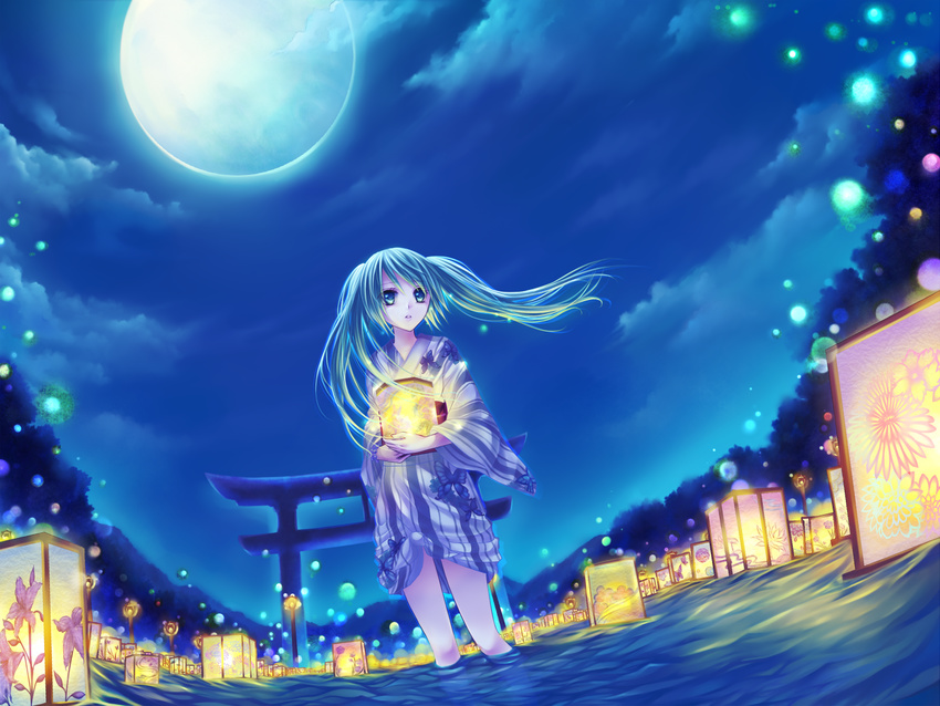 afloat_lantern aqua_eyes aqua_hair bad_id bad_pixiv_id cloud floating_hair full_moon hatsune_miku japanese_clothes kimono kurone_kuroneko lantern long_hair moon night night_sky sky solo torii twintails vocaloid wading water