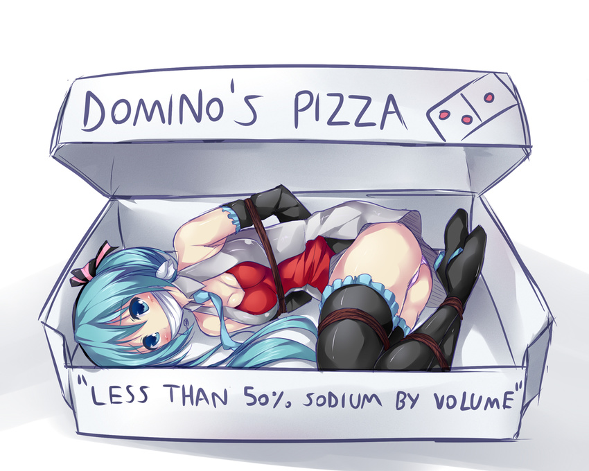 aqua_eyes aqua_hair arms_behind_back bdsm black_legwear bondage boots bound box breasts cleavage commentary detached_sleeves domino's_pizza english hair_ribbon hatsune_miku in_box in_container long_hair lying maullarmaullar medium_breasts necktie on_side panties ribbon solo thigh_boots thighhighs underwear vocaloid