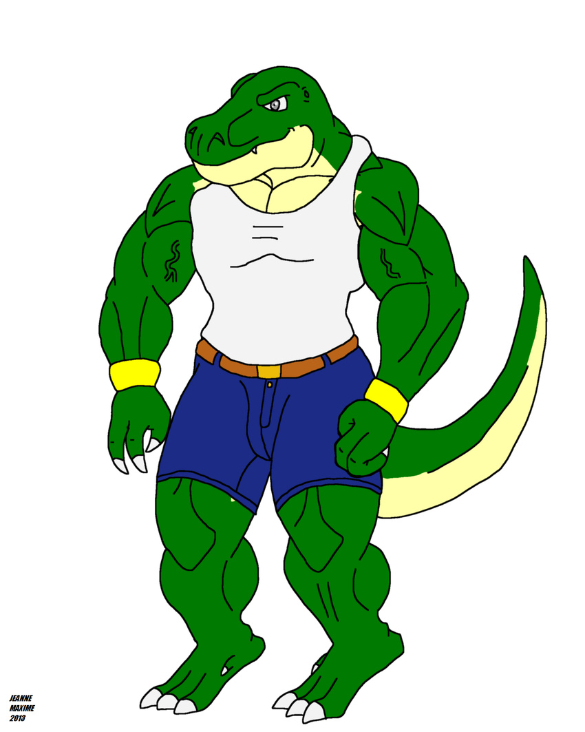abs anthro belt biceps bulge claws clothing dinosaur fangs green_skin grey_eyes grin male maxime-jeanne muscles pecs plain_background pose reptile scales scalie shirt shorts smile solo standing tank_top teeth theropod thomas_carter thomas_carter_(character) toe_claws toned tyrannosaurus_rex vein white_background wristband yellow_skin