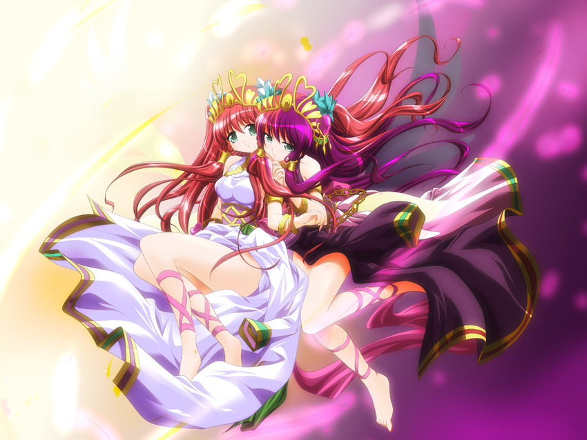 ankle_lace-up barefoot bracelet chain chaos_venus_(p&amp;d) cross-laced_footwear dual_persona green_eyes hair_tubes headdress jewelry long_hair multicolored_hair multiple_girls pink_hair purple_hair puzzle_&amp;_dragons red_hair shinooka_itsuya venus_(p&amp;d)