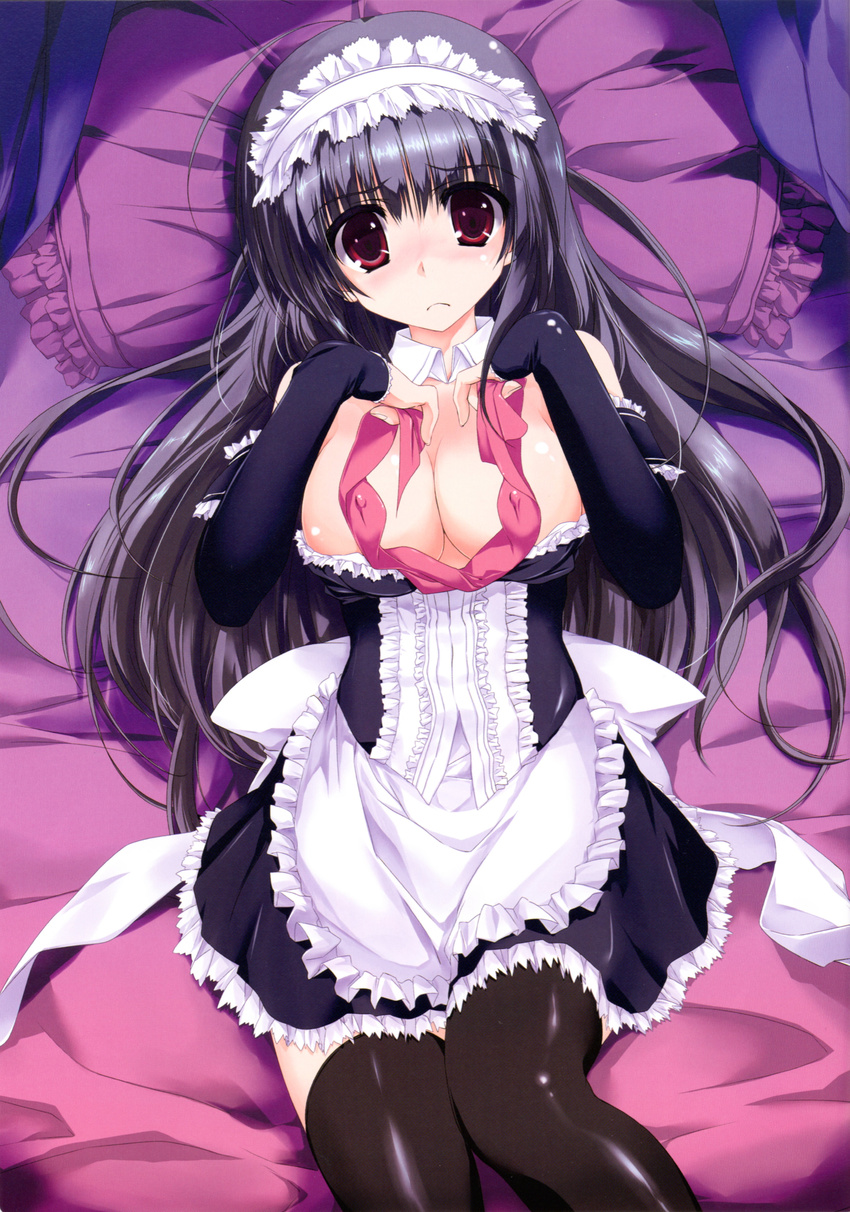 absurdres apron bare_shoulders black_hair black_legwear breasts cleavage detached_collar detached_sleeves erect_nipples frown highres large_breasts long_hair lying maid maid_apron maid_headdress on_back original red_eyes skirt solo thighhighs top_pull tsukinon