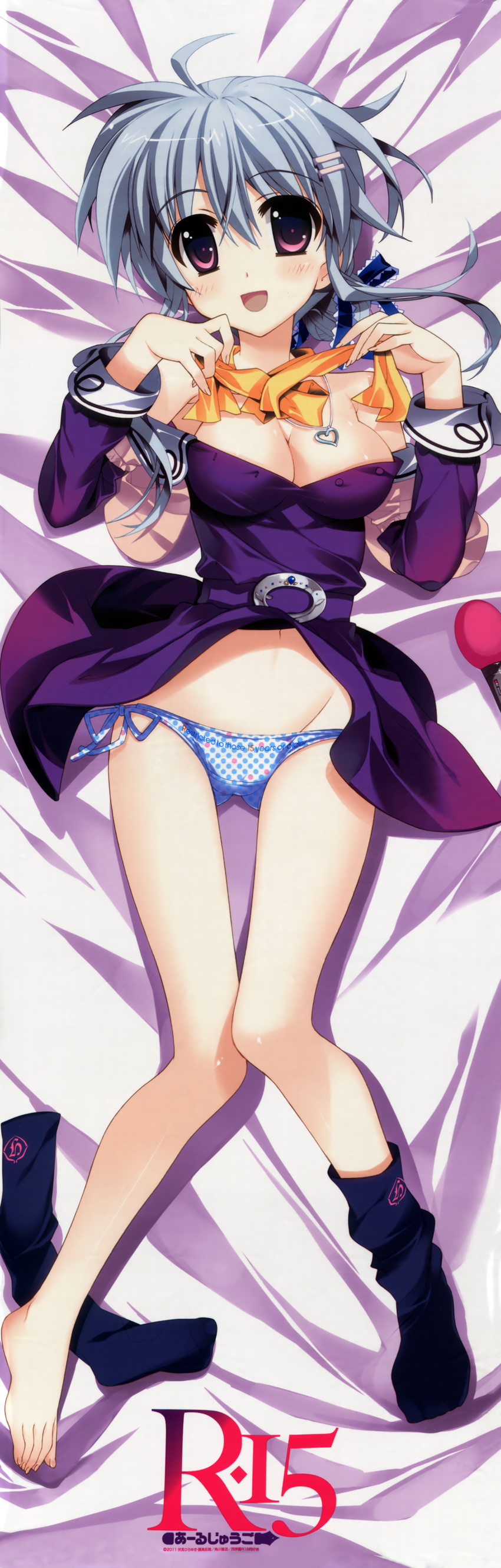 :d absurdres barefoot black_legwear blue_hair blue_panties blush breasts cleavage dakimakura dress english fujima_takuya full_body hair_ornament hairpin highres huge_filesize jewelry knees_together_feet_apart legs legwear_removed long_sleeves medium_breasts necklace open_mouth panties polka_dot polka_dot_panties purple_eyes r-15 scan side-tie_panties smile socks solo sonokoe_utae underwear