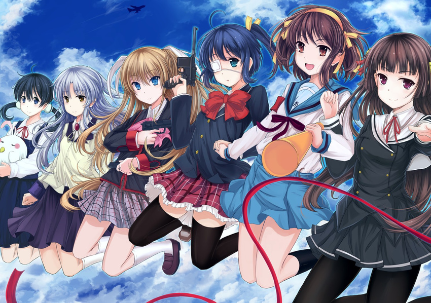 ahoge aircraft airplane angel_beats! bad_id bad_pixiv_id bird black_legwear blue_eyes blue_hair blue_skirt bow bowtie brown_hair chuunibyou_demo_koi_ga_shitai! cloud crossover dera_mochimazzui eyepatch gun hair_ribbon handgun himenokouji_akiko holding holding_hands jianren jumping kita_high_school_uniform kitashirakawa_tamako little_busters! long_hair long_sleeves mauser_c96 megaphone multiple_girls onii-chan_dakedo_ai_sae_areba_kankeinai_yo_ne open_mouth pantyhose plaid plaid_skirt red_bow red_neckwear ribbon school_uniform serafuku shirt short_hair skirt sky smile suzumiya_haruhi suzumiya_haruhi_no_yuuutsu takanashi_rikka tamako_market tenshi_(angel_beats!) thighhighs tokido_saya twintails weapon white_shirt zettai_ryouiki