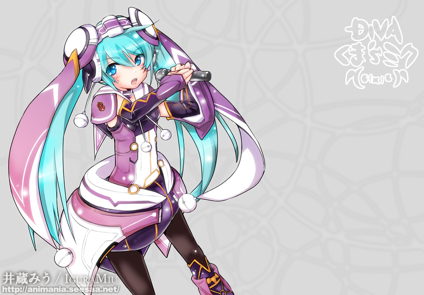 aqua_eyes aqua_hair detached_sleeves fonewearl_style_(module) hatsune_miku highres izane long_hair microphone open_mouth pantyhose phantasy_star phantasy_star_online_2 project_diva_(series) project_diva_f skirt solo twintails very_long_hair vocaloid wiola_magica
