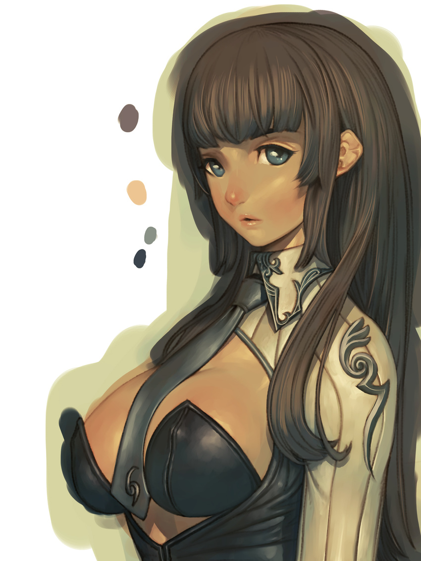 alien1452 blue_eyes breasts brown_hair highres large_breasts long_hair looking_at_viewer necktie open_mouth original solo