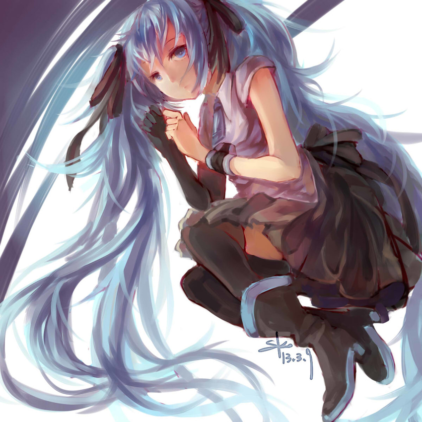 39 2013 blue_eyes blue_hair boots dated elbow_gloves gloves hair_ribbon hatsune_miku highres long_hair ribbon sakey1997 single_glove skirt solo thighhighs twintails very_long_hair vocaloid