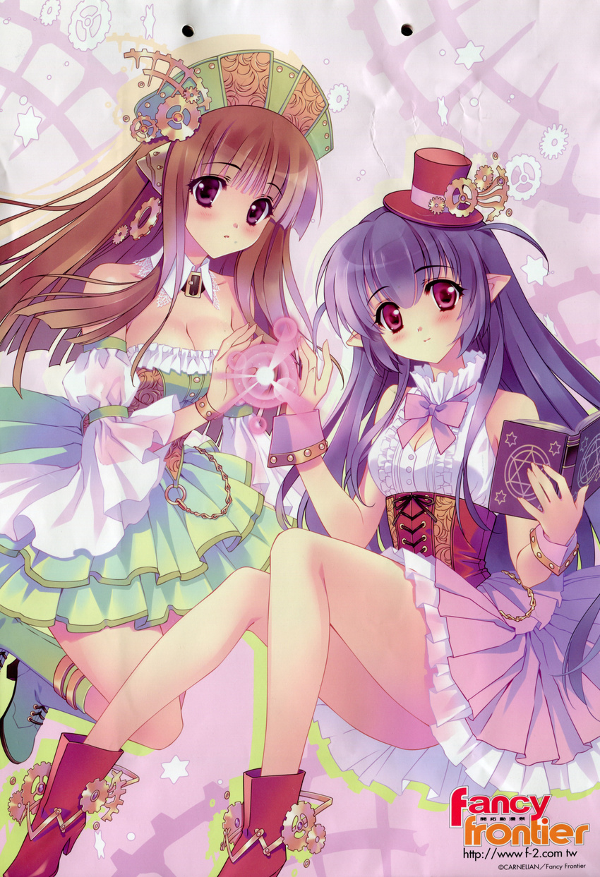 absurdres android blush book boots breasts brown_hair carnelian choker cleavage dress fairy_factory hat highres long_hair medium_breasts multiple_girls no_panties open_mouth pointy_ears purple_eyes red_eyes ribbon seika_(fairy_factory) smile star touka_(fairy_factory)