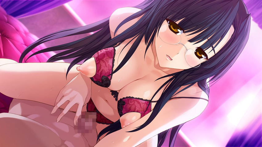 1boy 1girl artist_request bed black_hair blush bra breasts brown_eyes censored character_request cleavage cupless_bra curtains erect_nipples girl_on_top glasses large_breasts lingerie long_hair milf nipples onigirikun open_mouth original panties pastel_chime_3 pov sex shinomiya_aoi spread_legs straddling strap_slip sweat underwear very_long_hair