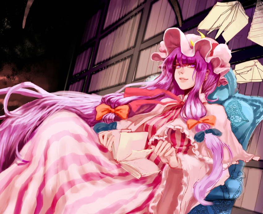 bad_id bad_pixiv_id book bookshelf bow chair crescent dress ears hair_bow hat highres john_marica lips long_hair looking_at_viewer mob_cap nose parted_lips patchouli_knowledge purple_eyes purple_hair reclining ribbon robe sidelocks solo touhou very_long_hair