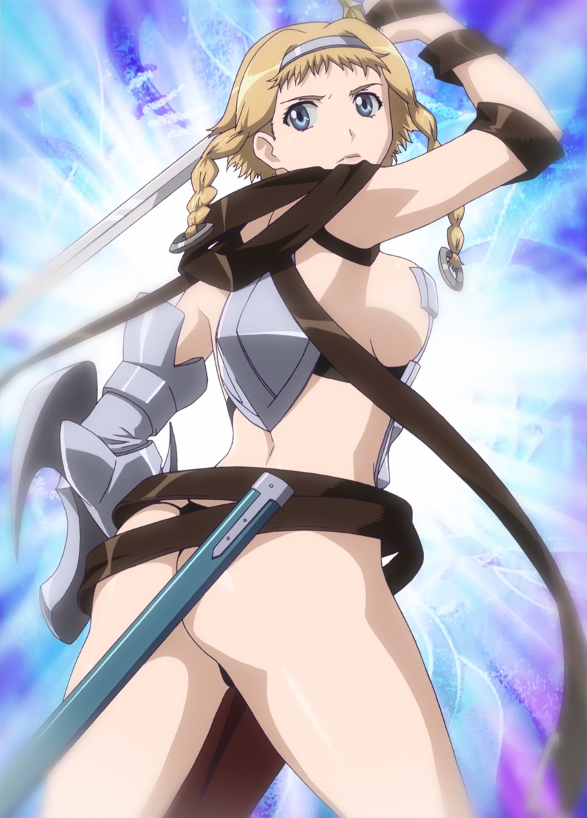 1girl absurdres armor ass back bad_anatomy bikini_armor blonde_hair blue_eyes breasts highres large_breasts leina panties queen's_blade queen's_blade shield solo sword thong underwear weapon