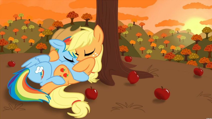 apple apple_jack applejack_(mlp) blonde_hair c4tspajamas cloud couple cowboy_hat cuddling cute cutie_mark duo eyes_closed female feral field freckles friendship_is_magic fruit hair hat lesbian multi-colored_hair my_little_pony orchard outside rainbow_dash_(mlp) rainbow_hair sleeping sun sunset unknown_artist