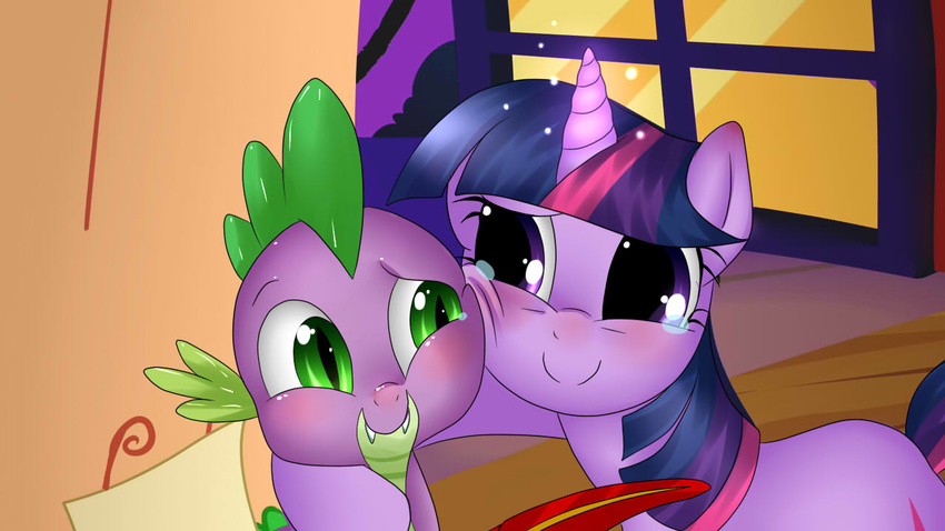 cat_eyes dragon duo equine fangs female feral friendship_is_magic glowing green_eyes happy horse hug magic male mammal my_little_pony night paper pony purple_eyes quill scalie slit_pupils sparkles spike_(mlp) tears twilight_sparkle_(mlp) vardastouch window