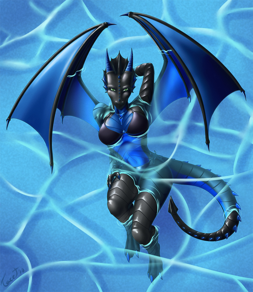 3_toes arm_behind_head bikini black_body blue_body breasts claws clothed clothing dragon female floating green_eyes horn looking_at_viewer looking_up mianco multi-colored_body scalie selene skimpy solo spiked_tail spikes swimsuit tight_clothing water wings