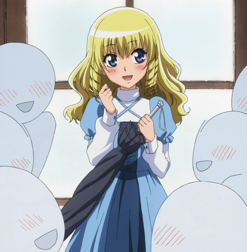 blonde_hair blue_eyes blush crossdressing drill_hair faceless faceless_male highres hyoudou_aoi kaichou_wa_maid-sama! smile stitched trap umbrella wig