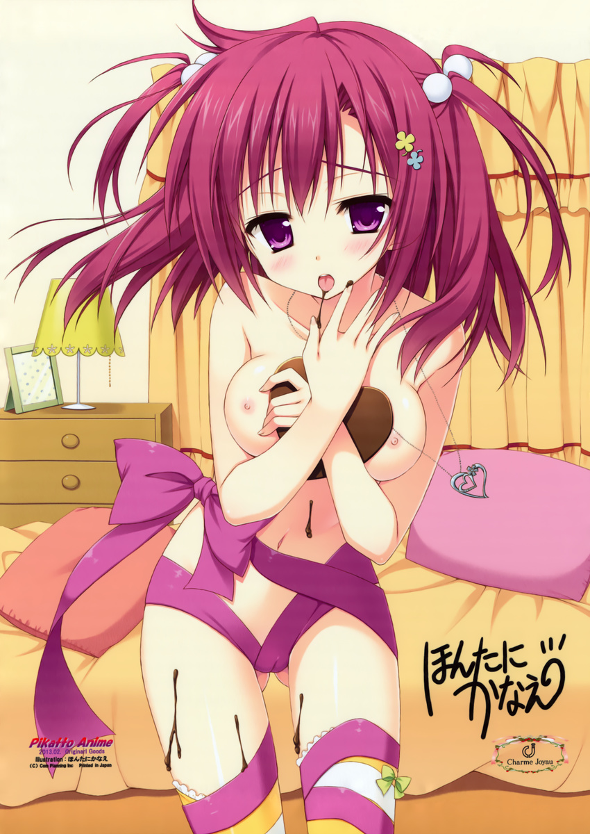 1girl absurdres bed blush breast_hold breasts chocolate chocolate_heart chocolate_on_breasts cream curtains fixed hair_bobbles hair_ornament hands_on_own_chest heart heart_necklace highres hontani_kanae jewelry lampshade licking moribe_(rabumanyo) naked_ribbon necklace nipples no_bra no_panties nude original picture_frame pink_hair purple_eyes purple_hair ribbon signature striped striped_legwear thighhighs tongue tongue_out two_side_up valentine yellow_legwear