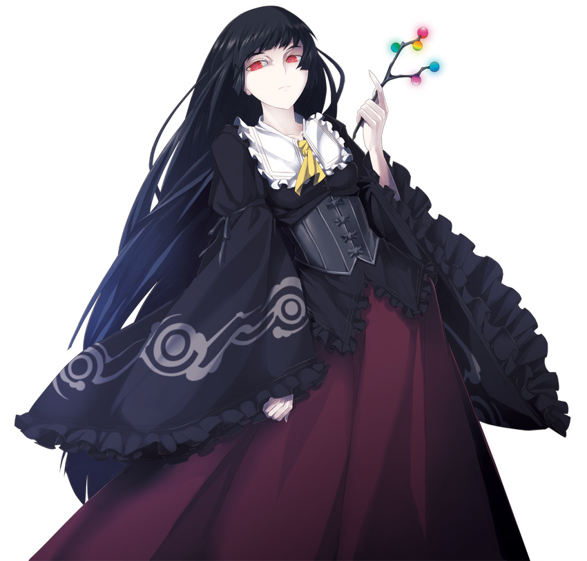 alternate_color black_hair branch corset dress embellished_costume frills frown hime_cut houraisan_kaguya jeweled_branch_of_hourai long_hair mazeran pale_skin red_eyes solo touhou transparent_background very_long_hair wide_sleeves