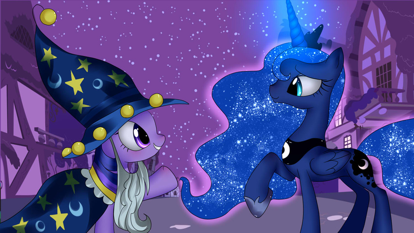 bell bells building cape cutie_mark duo equine female feral friendship_is_magic glowing hat horse house magic mammal moon my_little_pony necklace night outside pony princess_luna_(mlp) purple_eyes sky standing stars twilight_sparkle_(mlp) vardastouch wizard_har wizard_hat
