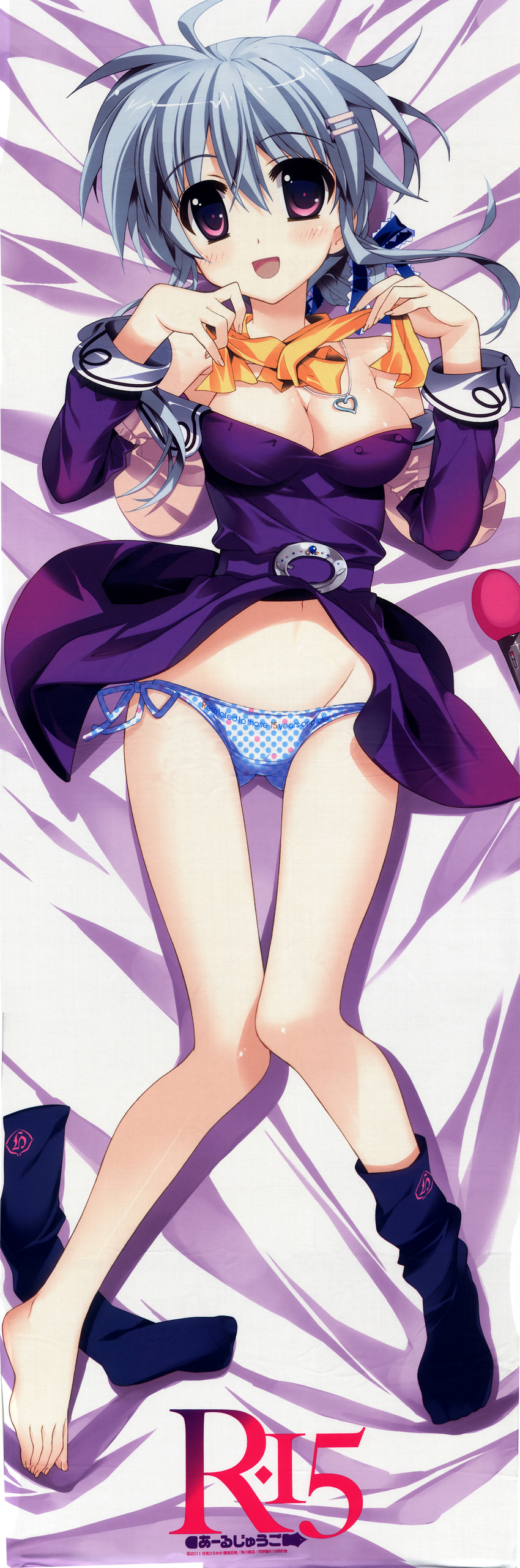 1girl absurdres barefoot blue_hair dakimakura feet female hair_ornament hairclip highres long_image lying no_shoes pink_eyes r-15 single_sock socks sonokoe_utaefujima_takuya tall_image toes underwear